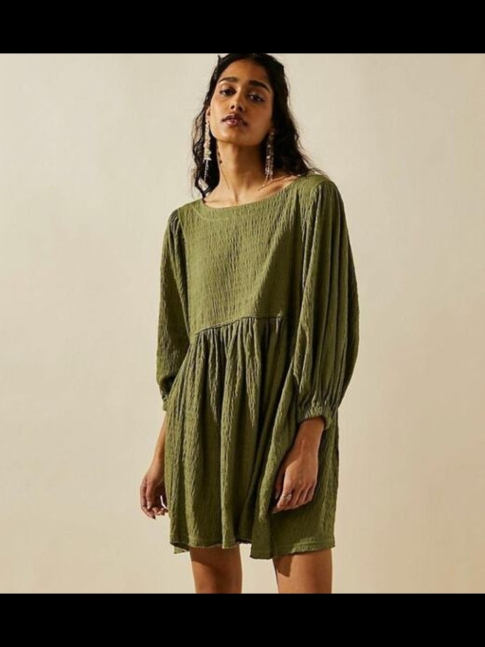 Free People Get Obsessed Olive Green Long-Sleeve Smocked Babydoll Dress